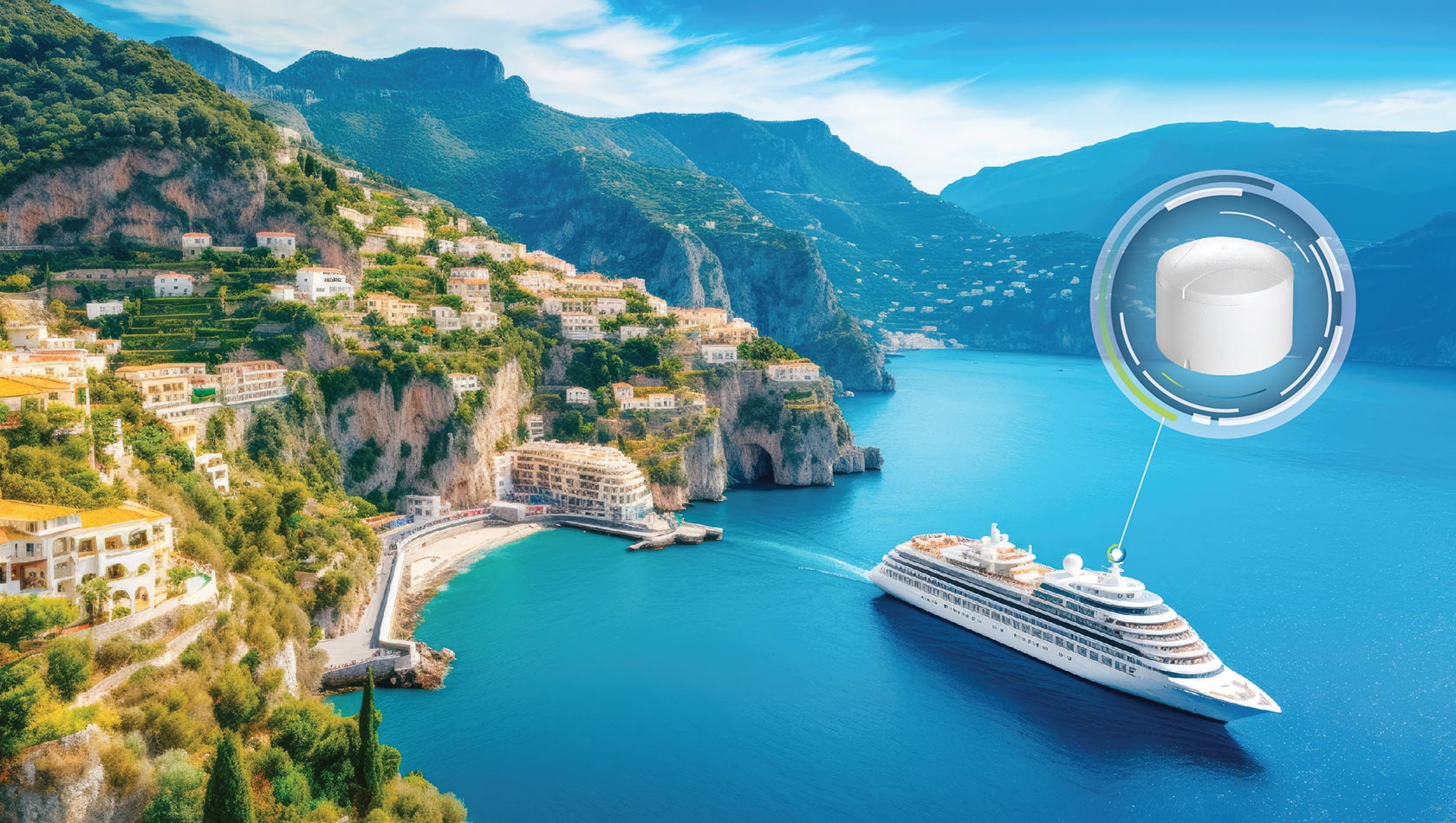 A cruise ship near a port with an anti-jam device called out